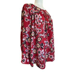 Valerie‎ Stevens Floral Print Blouse 1X Plus Size Red Long Sleeve Polyester